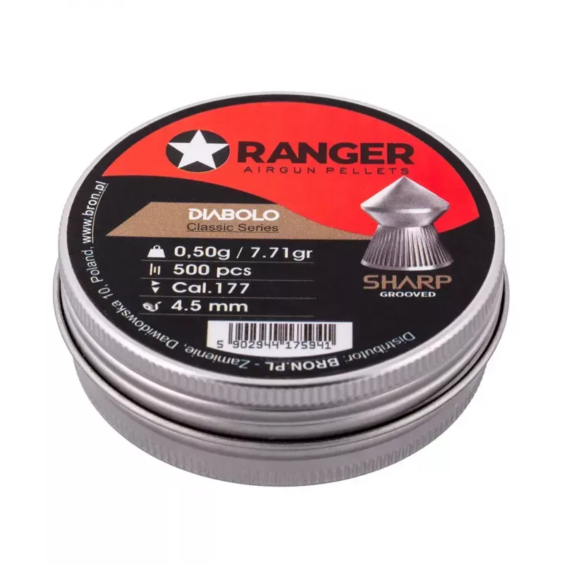 Gaisa šautenes diabolo lodes RANGER CLAS03.45.500 — 4,5 mm diabolo, asu rievotu smaili, 500 gab. alumīnija dozatorā