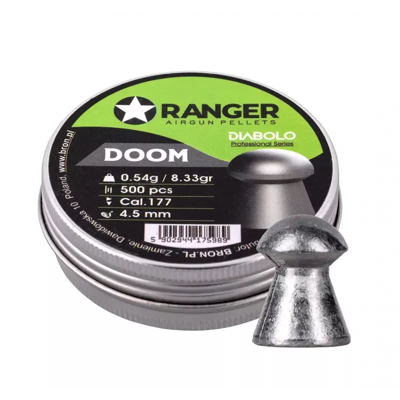 Pneimatiskā ieroča lodītes RANGER 4.5 mm Diabolo Professional Doom, 0.54 g, 500 gab., alumīnija dozators