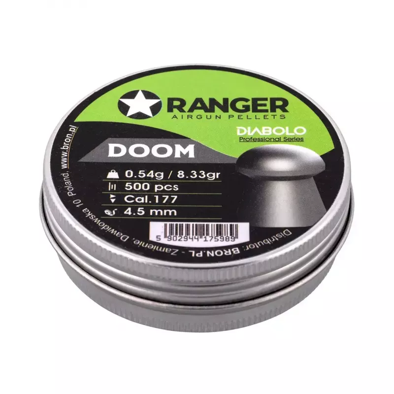 Pneimatiskā ieroča lodītes RANGER 4.5 mm Diabolo Professional Doom, 0.54 g, 500 gab., alumīnija dozators