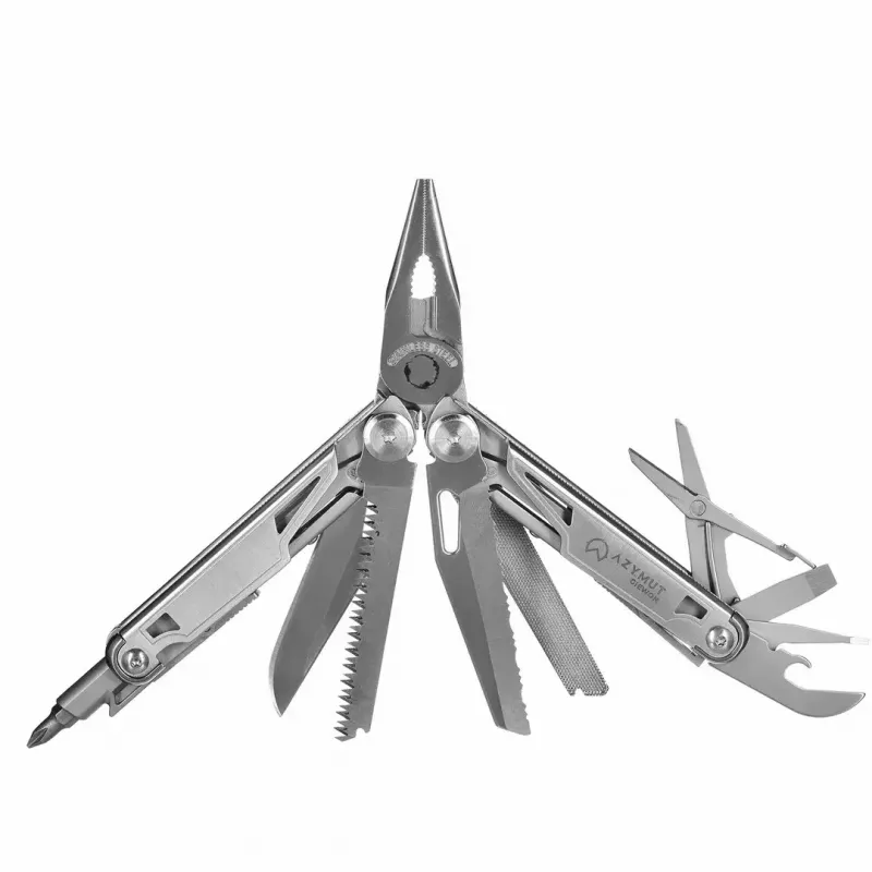 Multitool AZYMUT H2038 pilnizmēra daudzfunkciju instruments — 14 instrumenti, 16,2 cm atvērts, 10,1 cm salocīts, 264 g, 420/7CR13 tērauds, ādas maciņš