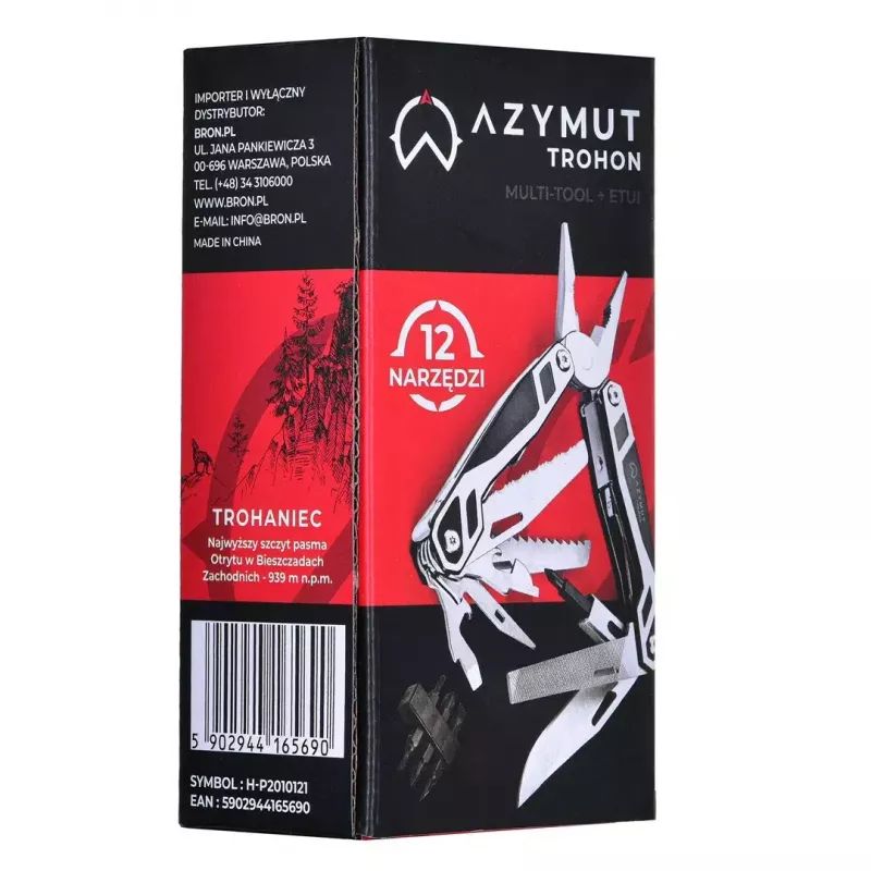 Multitool AZYMUT Trohon H-P2010121 — pilna izmēra 12 rīku nerūsējošā tērauda knaibles, 8 uzgaļi, salocīts 10,5 cm, 381 g