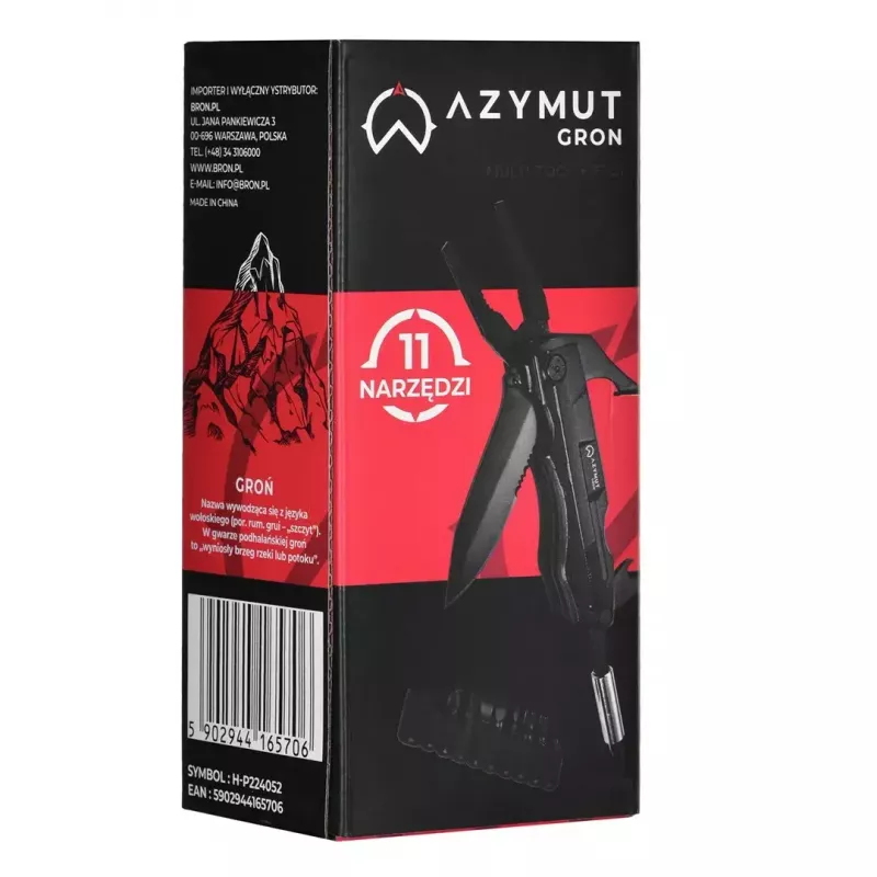 Multitool AZYMUT Gron — pilna izmēra daudzfunkciju rīks, 11 rīki, 9 uzgaļi, nerūsējošais tērauds, salocīts 11 cm, izvērsts 15,4 cm