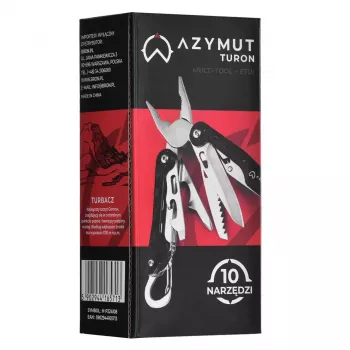 Multifunkcionālais instruments AZYMUT Turon 10 rīku karabīne H-P224108 — nerūsējošais tērauds 420, 10 funkcijas, salocīts 11 cm, svars 224 g, ādas maciņš