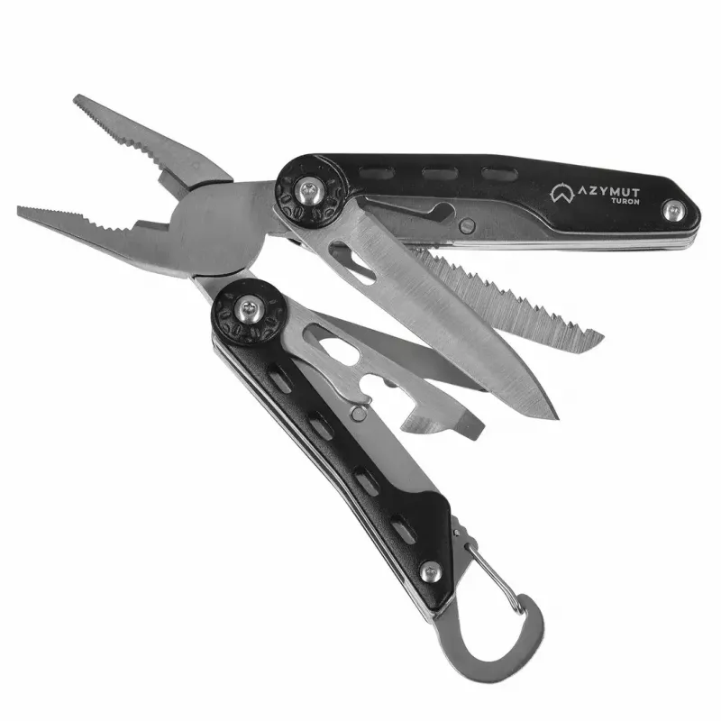 Multifunkcionālais instruments AZYMUT Turon 10 rīku karabīne H-P224108 — nerūsējošais tērauds 420, 10 funkcijas, salocīts 11 cm, svars 224 g, ādas maciņš