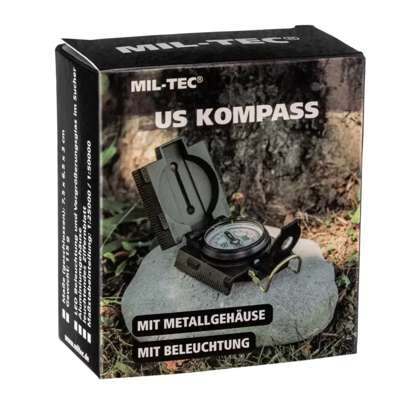Navigācijas magnētiskais kompass Mil‑Tec Mil‑Tec US ar apgaismojumu, alumīnija korpuss, mērogi 1:50k un 1:25k, olīvkrāsā
