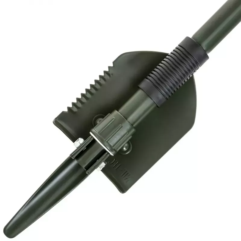 Salokāmā lāpsta Mil-Tec Mini II — kompakts tranšeju rīks, 405 mm garums, 100 mm lāpstas platums, 560 g, salokāma (15,5 x 10 x 6,5 cm)