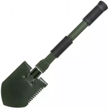 Salokāmā lāpsta Mil-Tec Mini II — kompakts tranšeju rīks, 405 mm garums, 100 mm lāpstas platums, 560 g, salokāma (15,5 x 10 x 6,5 cm)