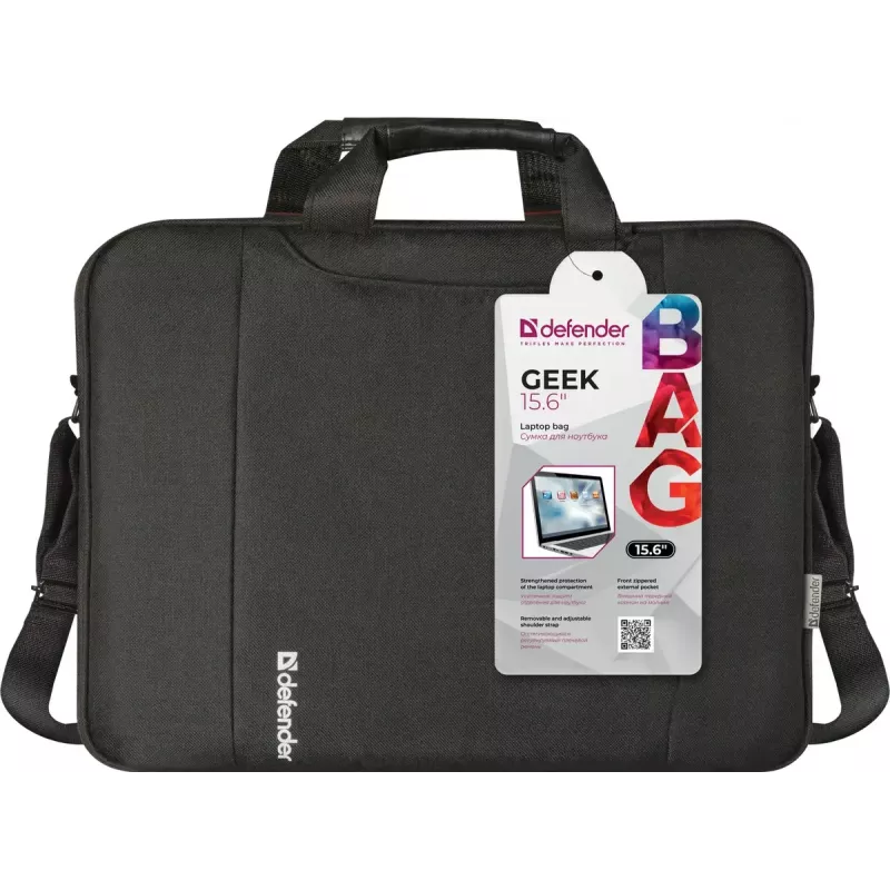Portatīvā datora soma DEFENDER 15,6 collas (39,6 cm) — poliesters, noņemama plecu siksna, rāvējslēdzējs, melna