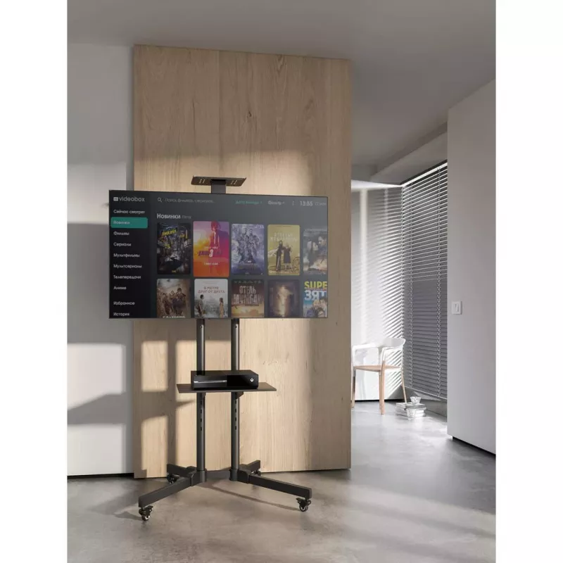 Grīdas TV un monitora stiprinājuma ratiņu statīvs MANHATTAN 461238, pārvietojams, melns, augstums 1803 mm, VESA 200x200–600x400, maks. 50 kg