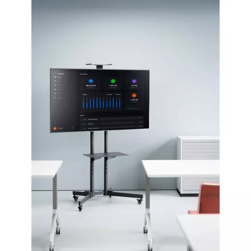 Grīdas TV un monitora stiprinājuma ratiņu statīvs MANHATTAN 461238, pārvietojams, melns, augstums 1803 mm, VESA 200x200–600x400, maks. 50 kg