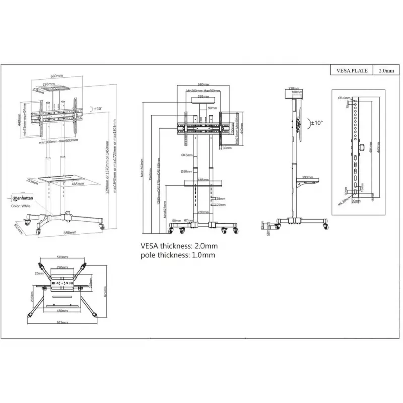 Grīdas TV un monitora stiprinājuma ratiņu statīvs MANHATTAN 461238, pārvietojams, melns, augstums 1803 mm, VESA 200x200–600x400, maks. 50 kg