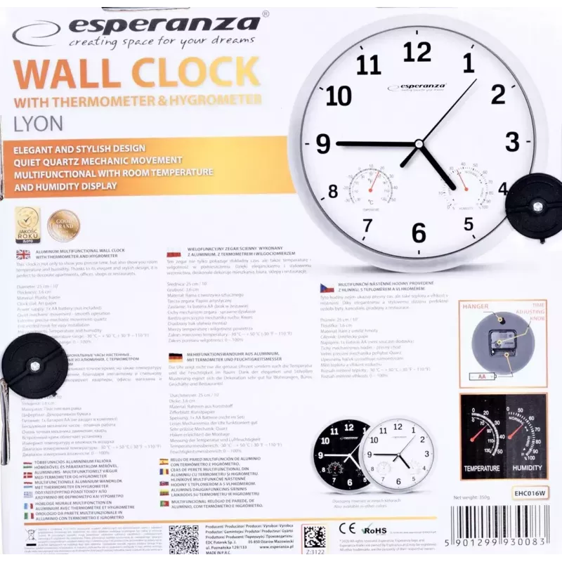 Sienas pulkstenis ESPERANZA EHC016K Lyon Melns, diametrs 25 cm, klusa kustība, stikla vāks, plastmasas rāmis