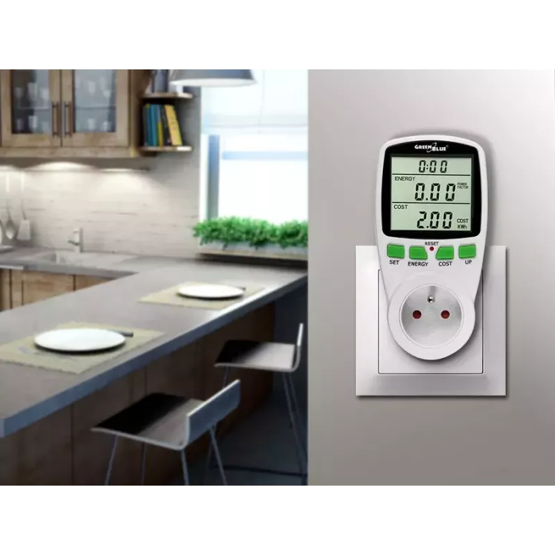 Vatmetrs GreenBlue GB202 jaudas mērītājs 0–9999 W, 3600 W max, 220–240 V, 16 A, LCD displejs