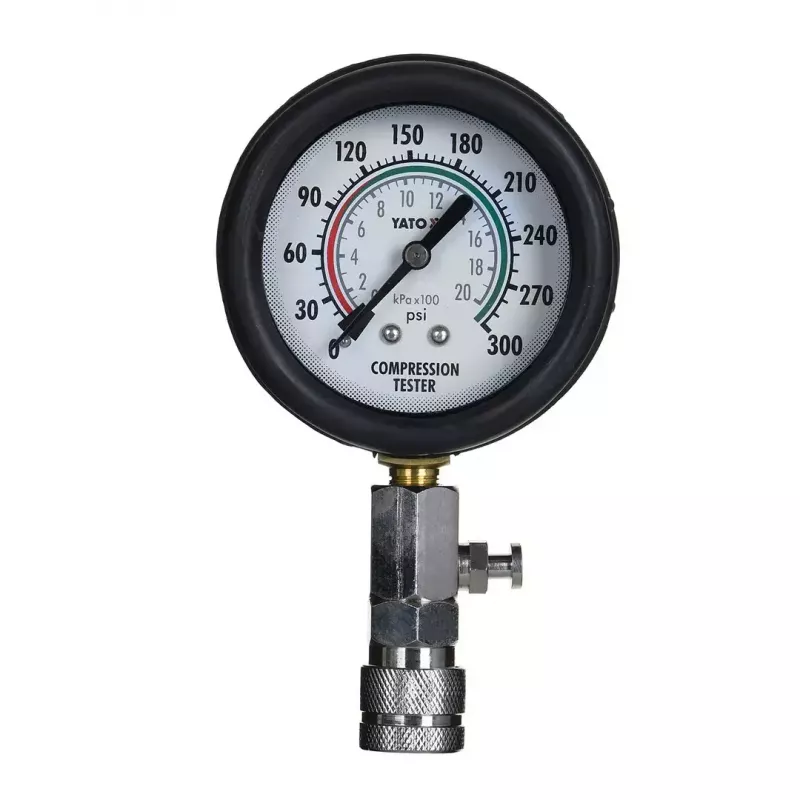 Analogais manometrs YATO YT-73022 0–20 bar, 75 mm ciparnīca, oglekļa tērauds, 0,5 m šļūtene, 4 misiņa adapteri, pārnēsāšanas futrālis