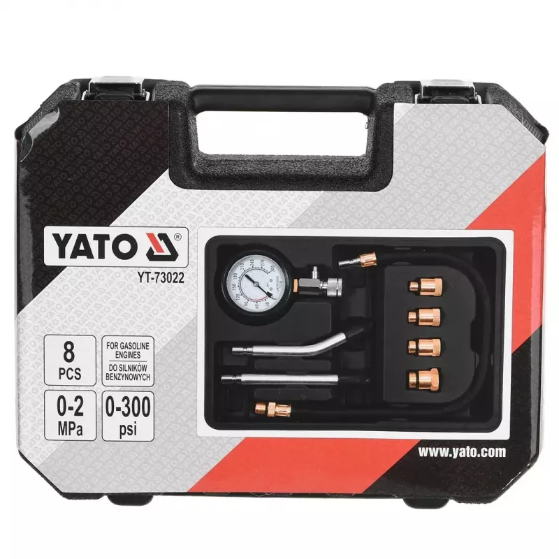 Analogais manometrs YATO YT-73022 0–20 bar, 75 mm ciparnīca, oglekļa tērauds, 0,5 m šļūtene, 4 misiņa adapteri, pārnēsāšanas futrālis