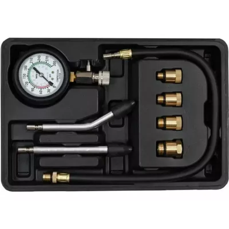 Analogais manometrs YATO YT-73022 0–20 bar, 75 mm ciparnīca, oglekļa tērauds, 0,5 m šļūtene, 4 misiņa adapteri, pārnēsāšanas futrālis