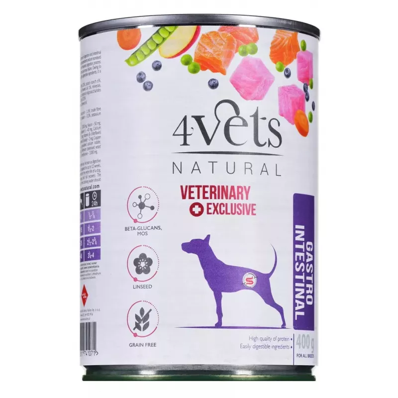 Slapjā barība suņiem 4vets Natural Gastro Intestinal 400 g — terapeitiska mitra diēta gremošanas atbalstam, tītara, 7,5% olbaltumvielu, 5,5% tauku, bez lipekļa un laktozes