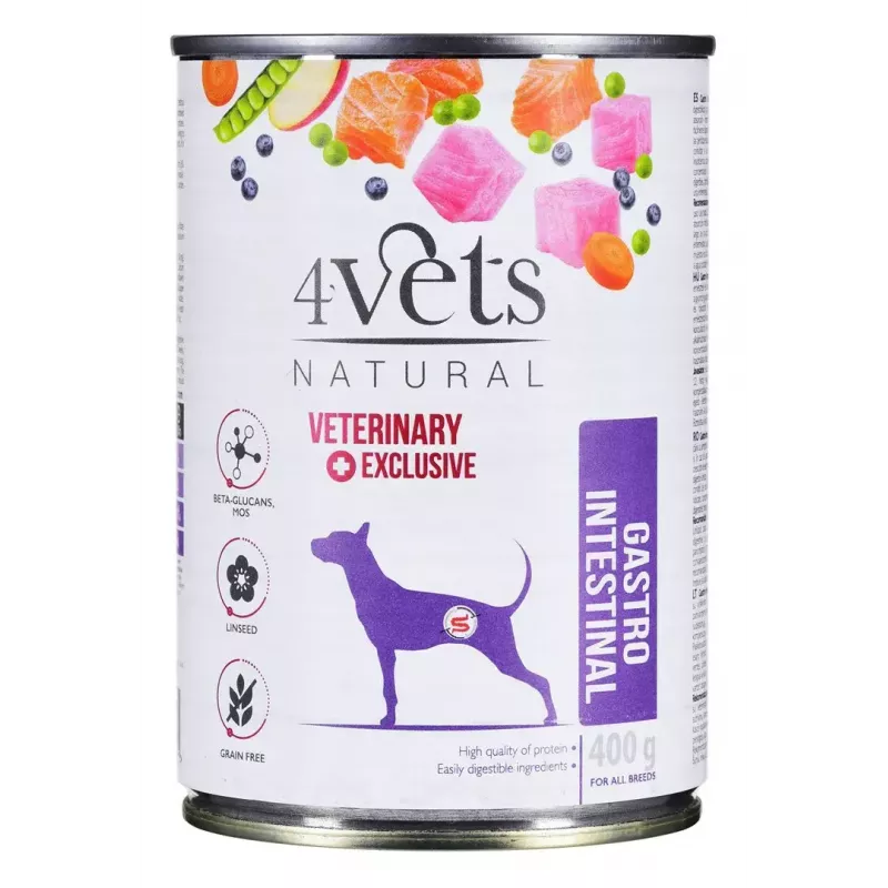 Slapjā barība suņiem 4vets Natural Gastro Intestinal 400 g — terapeitiska mitra diēta gremošanas atbalstam, tītara, 7,5% olbaltumvielu, 5,5% tauku, bez lipekļa un laktozes