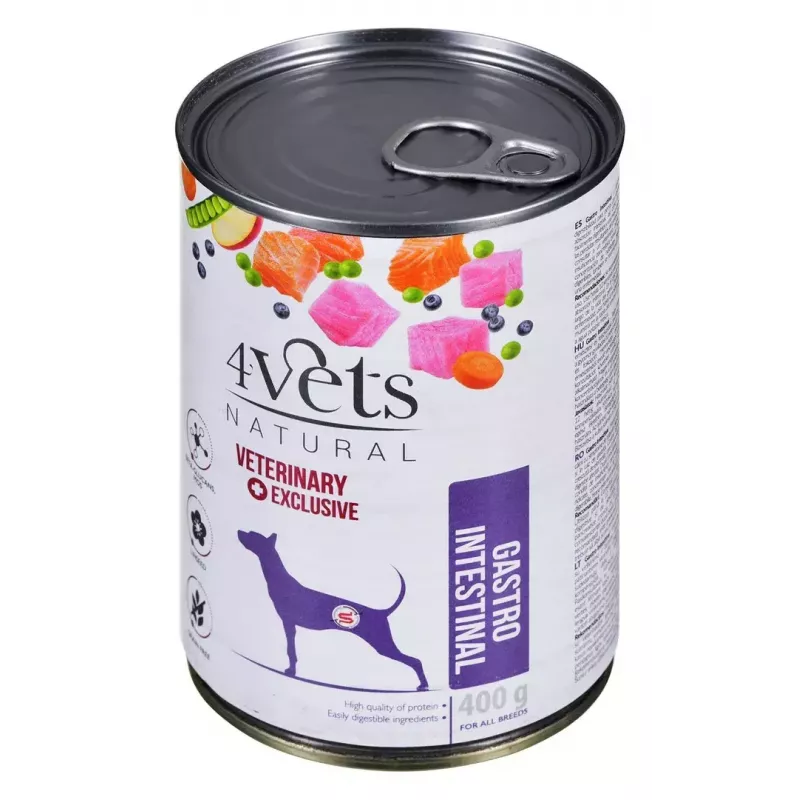 Slapjā barība suņiem 4vets Natural Gastro Intestinal 400 g — terapeitiska mitra diēta gremošanas atbalstam, tītara, 7,5% olbaltumvielu, 5,5% tauku, bez lipekļa un laktozes