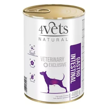 Slapjā barība suņiem 4vets Natural Gastro Intestinal 400 g — terapeitiska mitra diēta gremošanas atbalstam, tītara, 7,5% olbaltumvielu, 5,5% tauku, bez lipekļa un laktozes