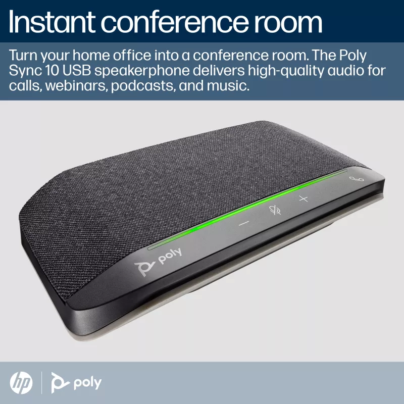 HP Poly Sync 10 skaļrunis + USB-A uz USB-C kabelis, PC, melna, 0,715 m, Windows 10, Windows 11, MacOS, 100–7800 Hz