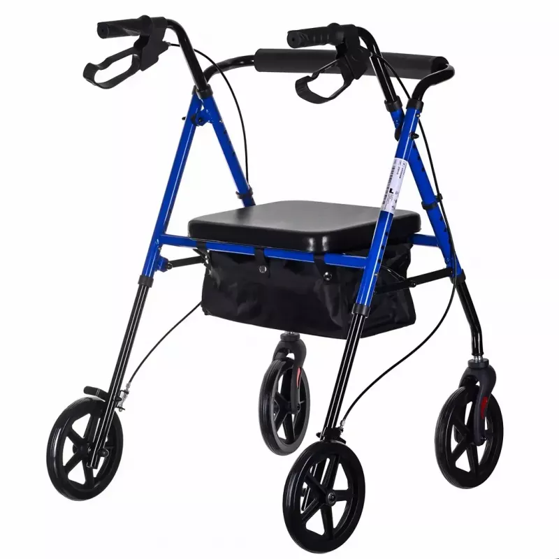 Rehabilitācijas staigulis ActionMed CH100AM — viegls alumīnija 4-riteņu, regulējams augstums 700–937 mm, sēdeklis 35×32 cm, maksimālā slodze 136 kg, salokāms