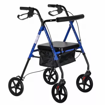 Rehabilitācijas staigulis ActionMed CH100AM — viegls alumīnija 4-riteņu, regulējams augstums 700–937 mm, sēdeklis 35×32 cm, maksimālā slodze 136 kg, salokāms