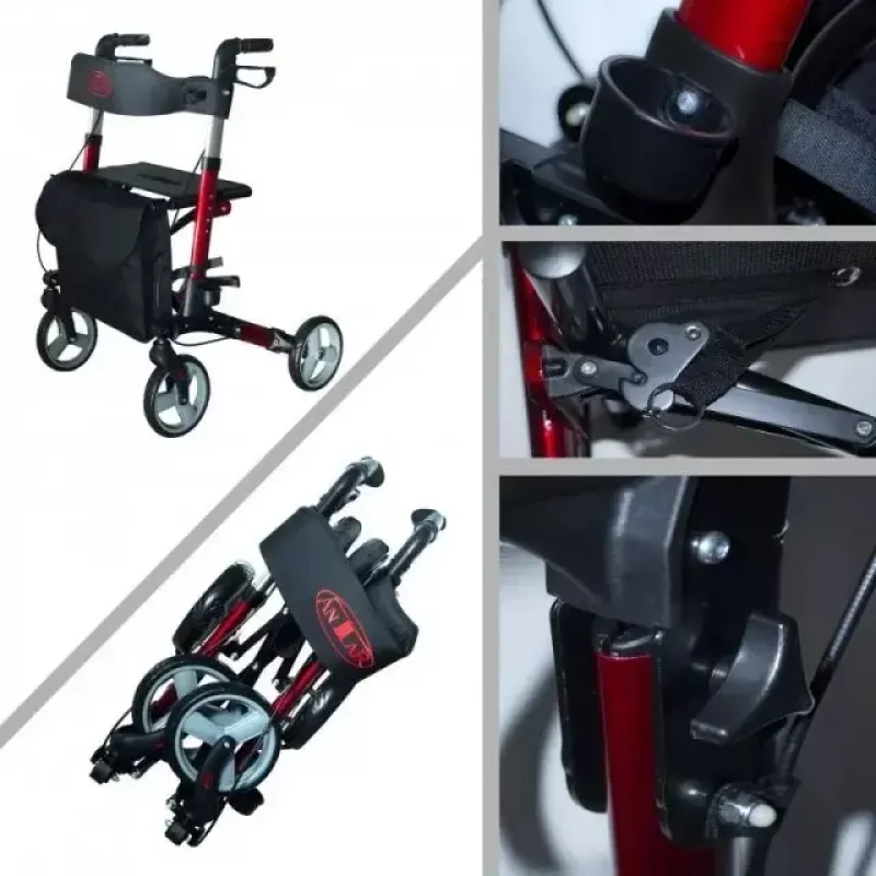 Četrriteņu alumīnija staigulis ANTAR AT51006, salokāms, regulējams augstums, 20 cm riteņi, maksimālā slodze 136 kg, sēdeklis 25×46 cm, svars 7,35 kg