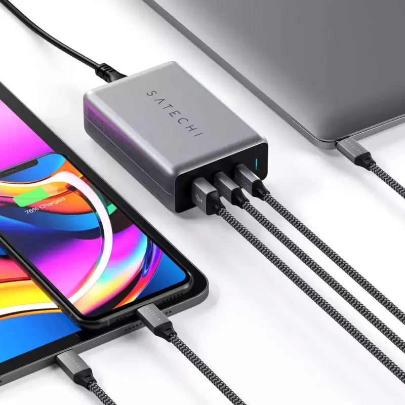 Mobilās ierīces lādētājs Satechi ST-TC100GM-EU, 100 W, 2× USB-C, maiņstrāvas ieeja 100–240 V, pelēks