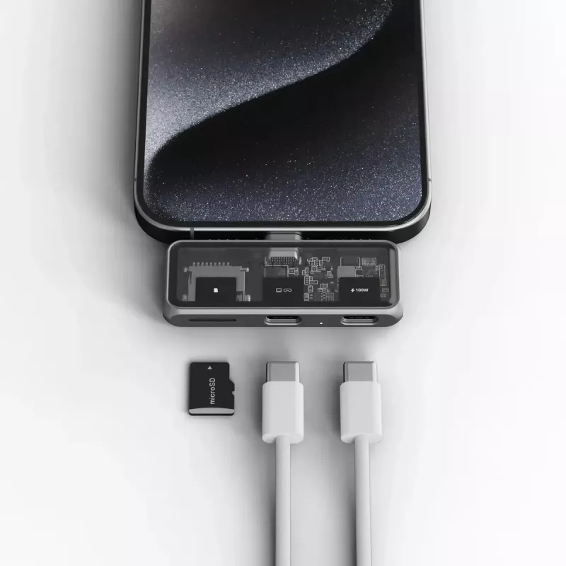 Klēpjdatora doks Satechi ST-HXRSDM — USB 3.2 Gen 2 Type-C dokstacija ar 100 W PD, MicroSD lasītājs, pelēks