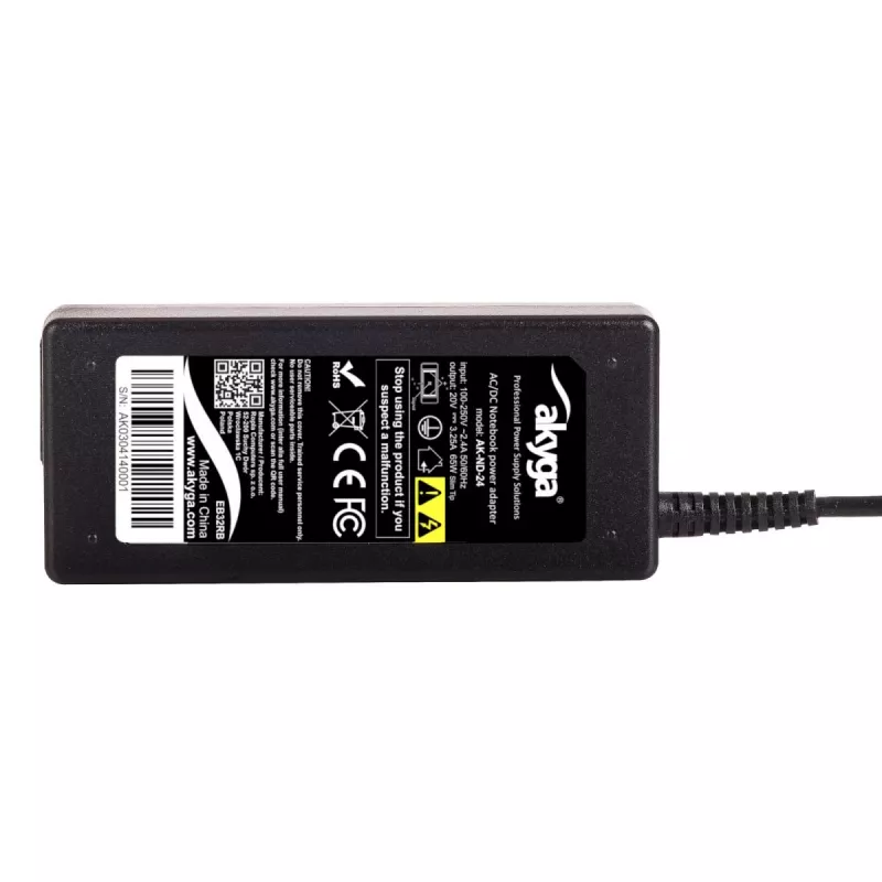Strāvas adapteris/invertors Akyga AK-ND-24 65 W iekštelpām, ieeja 100–250 V, ABS korpuss, 1,2 m kabelis, melns