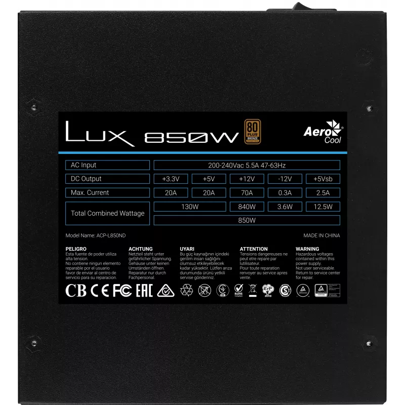 Aerocool LUX850 PC barošanas bloks 850W 80 Plus Bronze 230V 88% efektivitāte melns