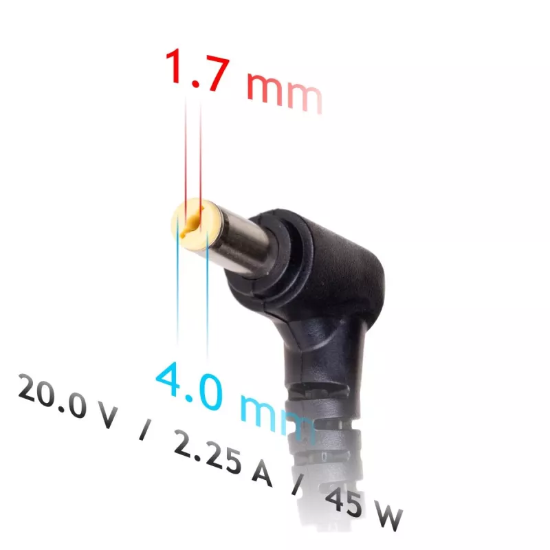 Akyga strāvas adapteris AK-ND-50 portatīvajiem datoriem, 20 V 2,25 A 45 W, savienotājs 4,0×1,7 mm, 1,2 m kabelis, melns