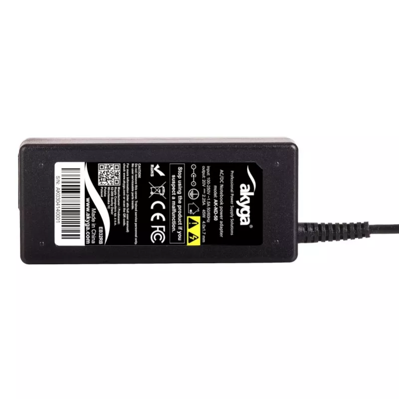 Akyga strāvas adapteris AK-ND-50 portatīvajiem datoriem, 20 V 2,25 A 45 W, savienotājs 4,0×1,7 mm, 1,2 m kabelis, melns