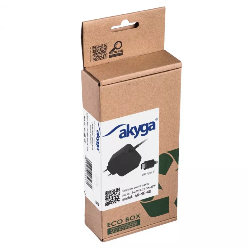 Universāls strāvas adapteris Akyga AK-ND-60, 45 W, ieeja 100–250 V, melns, 0,183 kg