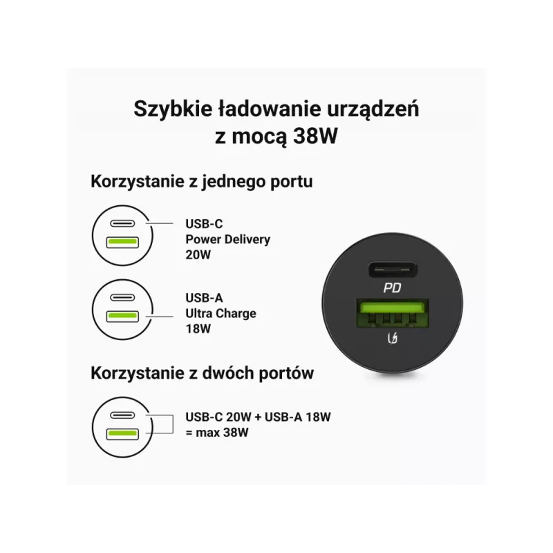Automašīnas lādētājs zaļa Cell CADM-GC-38AC 38W, 1x USB-C (PD 3.0) + 1x USB-A, alumīnija korpuss, melns