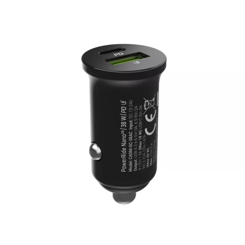 Automašīnas lādētājs zaļa Cell CADM-GC-38AC 38W, 1x USB-C (PD 3.0) + 1x USB-A, alumīnija korpuss, melns