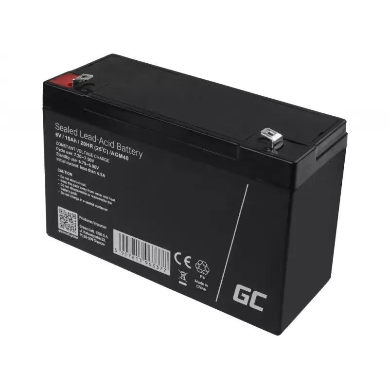 UPS akumulators zaļa Cell AGM40 — VRLA AGM 6V 14Ah, hermētisks svina-skābes, 94×50×151 mm, 1,8 kg