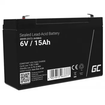 UPS akumulators zaļa Cell AGM40 — VRLA AGM 6V 14Ah, hermētisks svina-skābes, 94×50×151 mm, 1,8 kg