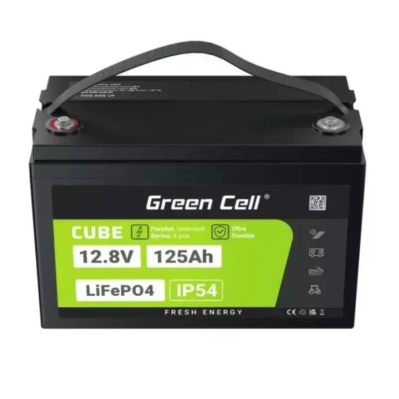 LiFePO4 akumulators zaļa Cell 12.8V 125Ah — 125 Ah, 12.8 V, 150 A maks. izlāde, 13.5 kg, 340×180×225 mm