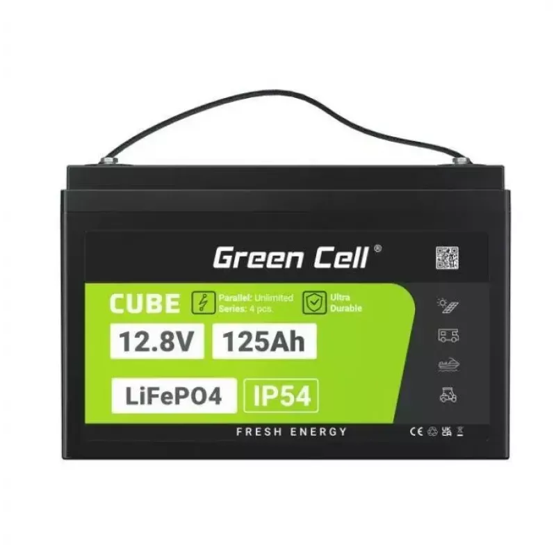 LiFePO4 akumulators zaļa Cell 12.8V 125Ah — 125 Ah, 12.8 V, 150 A maks. izlāde, 13.5 kg, 340×180×225 mm