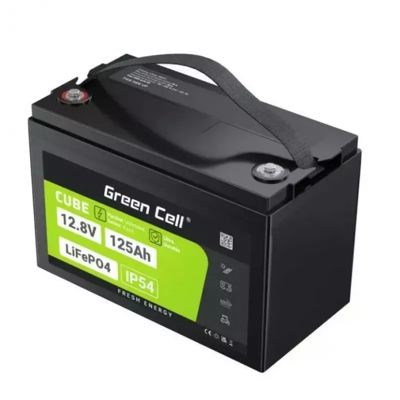 LiFePO4 akumulators zaļa Cell 12.8V 125Ah — 125 Ah, 12.8 V, 150 A maks. izlāde, 13.5 kg, 340×180×225 mm