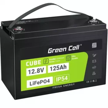 LiFePO4 akumulators zaļa Cell 12.8V 125Ah — 125 Ah, 12.8 V, 150 A maks. izlāde, 13.5 kg, 340×180×225 mm