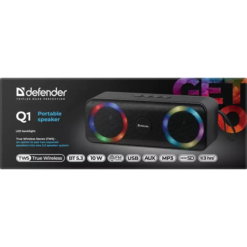 Pārnēsājams Bluetooth mono skaļrunis DEFENDER Q1 Melns, 10W RMS, 1200 mAh, Bluetooth 5.0, MicroSD, FM, AUX, USB