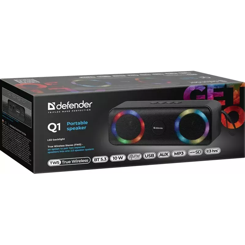 Pārnēsājams Bluetooth mono skaļrunis DEFENDER Q1 Melns, 10W RMS, 1200 mAh, Bluetooth 5.0, MicroSD, FM, AUX, USB