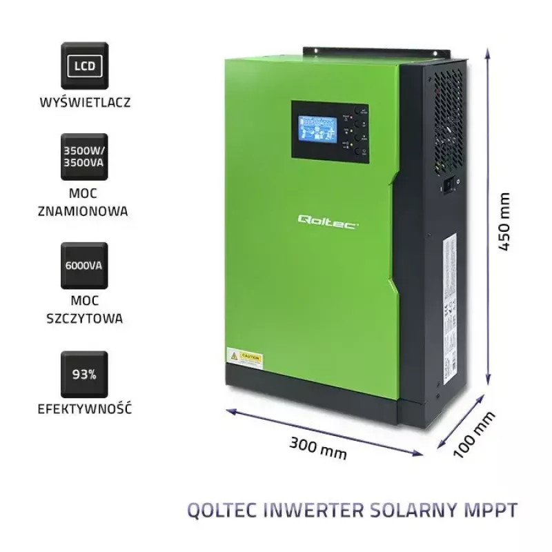 Qoltec 53886 autonomais hibrīdais saules invertors, 3,5 kW, 100 A MPPT, 24 V, tīrs sinuss