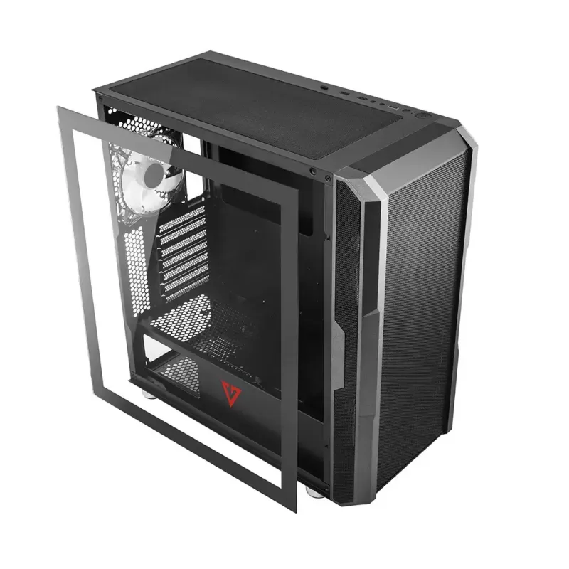PC korpuss MODECOM AMIRANI ARGB Midi Tower, melns, rūdīts stikls, 2x200 mm priekšējie + 1x120 mm aizmugurējie ventilatori, USB-A 2x, USB-C 1x, atbalsta ATX/ITX, GPU līdz 35 cm