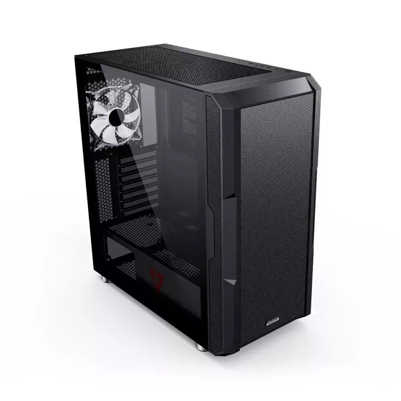 PC korpuss MODECOM AMIRANI ARGB Midi Tower, melns, rūdīts stikls, 2x200 mm priekšējie + 1x120 mm aizmugurējie ventilatori, USB-A 2x, USB-C 1x, atbalsta ATX/ITX, GPU līdz 35 cm