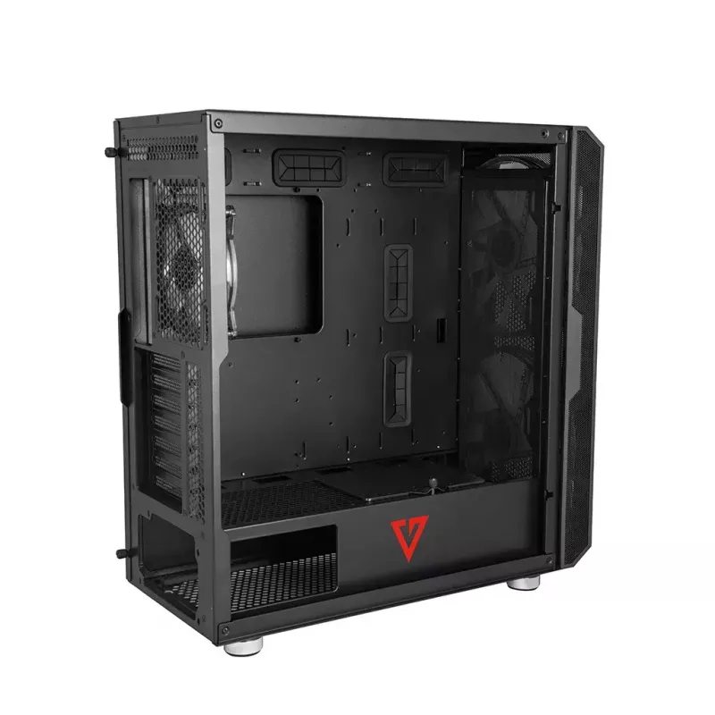 PC korpuss MODECOM AMIRANI ARGB Midi Tower, melns, rūdīts stikls, 2x200 mm priekšējie + 1x120 mm aizmugurējie ventilatori, USB-A 2x, USB-C 1x, atbalsta ATX/ITX, GPU līdz 35 cm