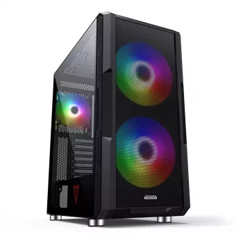 PC korpuss MODECOM AMIRANI ARGB Midi Tower, melns, rūdīts stikls, 2x200 mm priekšējie + 1x120 mm aizmugurējie ventilatori, USB-A 2x, USB-C 1x, atbalsta ATX/ITX, GPU līdz 35 cm